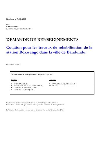 DEMANDE DE RENSEIGNEMENTS Cotation ... - mediacongo.net