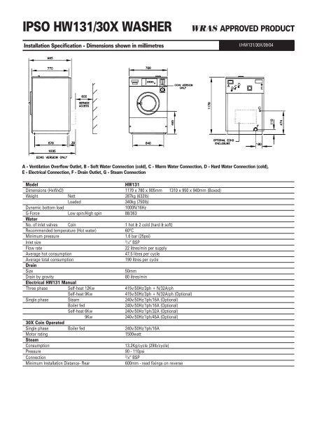 to down load Installation specification for ipso HW131 - Laundry ...