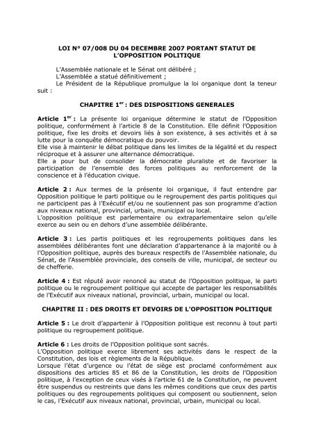 Loi portant statut de l'opposition politique - mediacongo.net