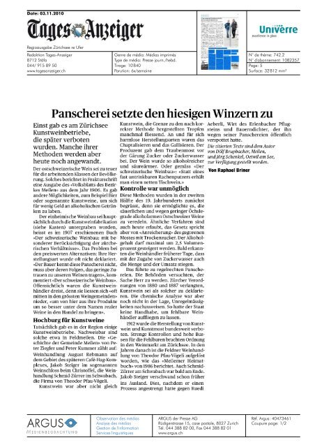 Panscherei setzte den hiesigen Winzern zu - Univerre Pro Uva SA