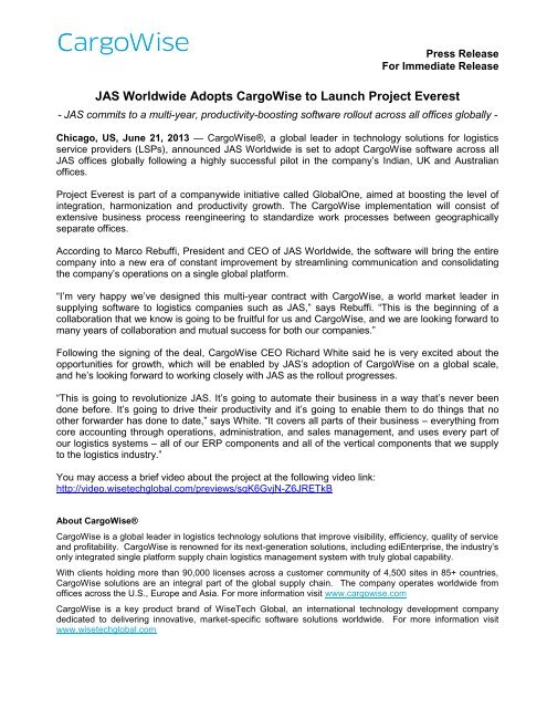 Jas Worldwide Adopts Cargowise To Launch Project Everest Jdm