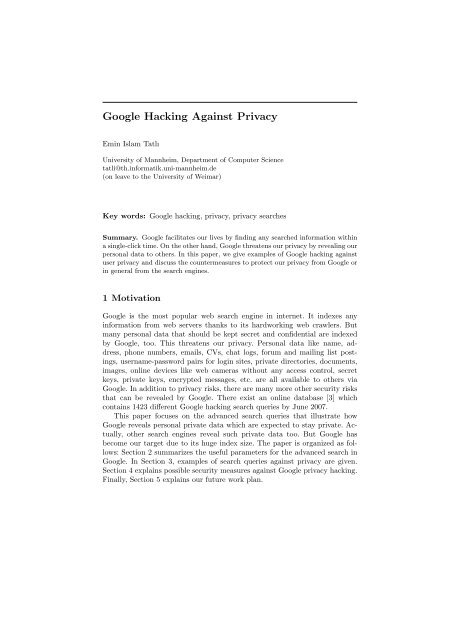 Google Hacking Against Privacy