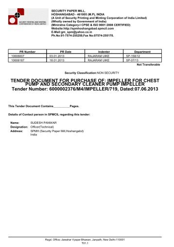 TENDER DOCUMENT FOR PURCHASE OF: IMPELLER FOR ...