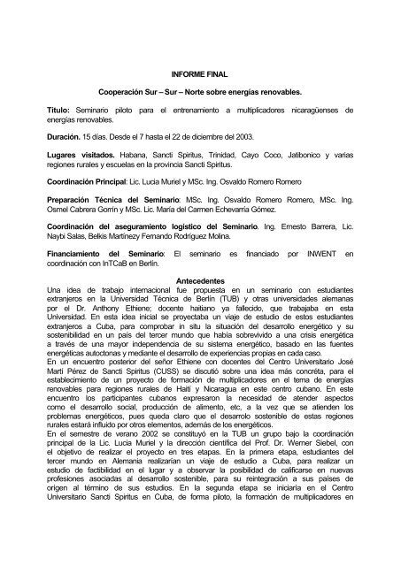 INFORME FINAL CooperaciÃ³n Sur â Sur â Norte sobre energÃ­as ...