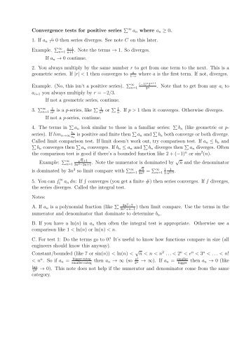 Convergence tests for positive series ââ an where an â¥ 0. 1. If an ...