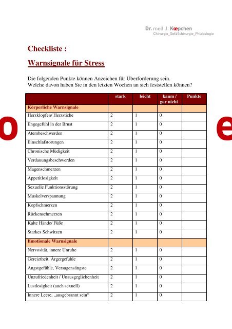 Checkliste : Warnsignale fÃ¼r Stress