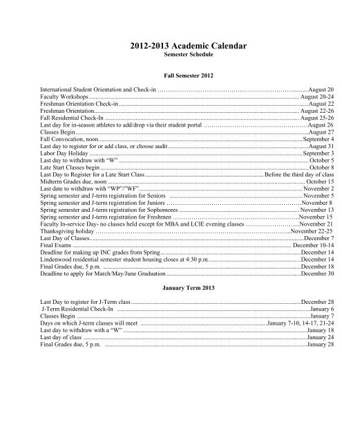 Lindenwood University Academic Calendar