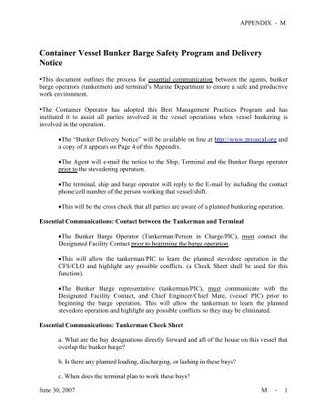 Container Vessel Bunker Barge Safety Program and Delivery Notice