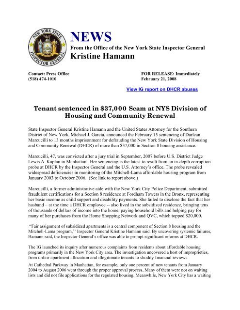 PRESS RELEASE - New York State Office of the Inspector General