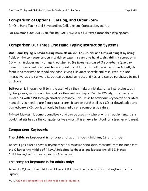 One Hand Typing and Childsize Keyboards Catalog and Order Form