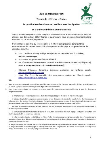 TdR Etudes prostitution BÃ©nin, Burkina Faso, Niger ... - Ecpat France