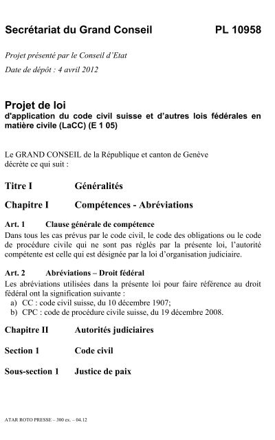 PL 10958 - plication du code civil suisse et d'autres lois ... - VBK-CAT
