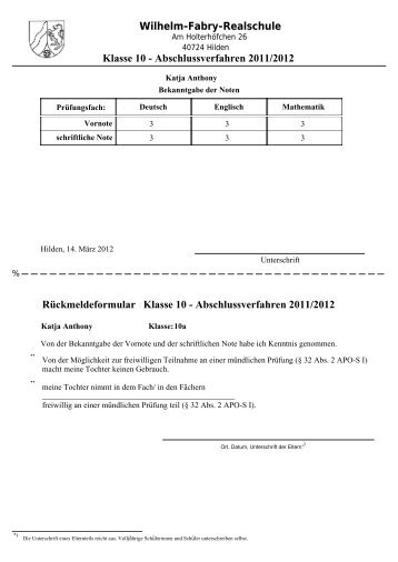 Klasse 10 - Abschlussverfahren 2011/2012 Wilhelm ... - SVWS-NRW