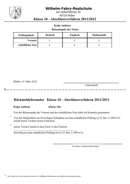 Klasse 10 - Abschlussverfahren 2011/2012 Wilhelm ... - SVWS-NRW