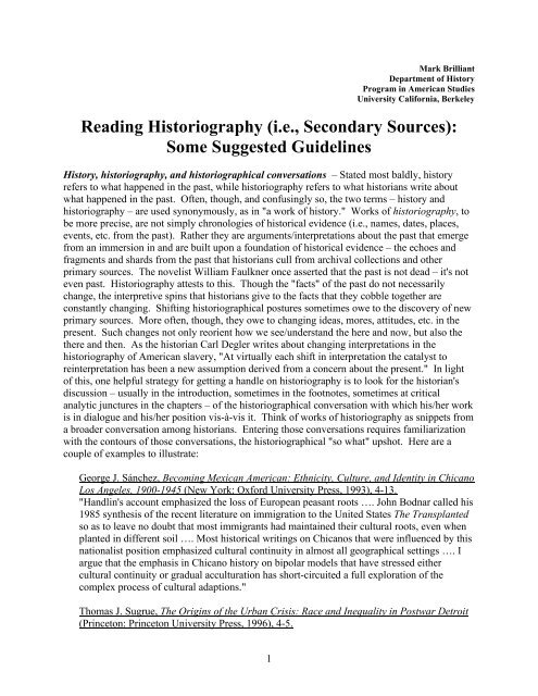 Reading Historiography - Department of History, UC Berkeley