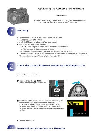 Upgrading the Coolpix 5700 Firmware Get ready Check the current ...