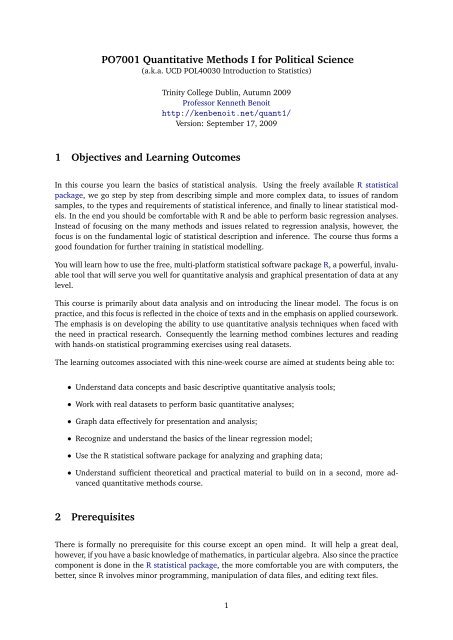 Political Science Quantitative Methods PO7001 Quantitative Methods I for Political Science 1 Objectives ...