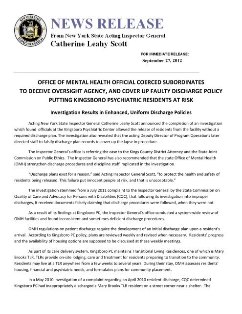 Press Release - New York State Office of the Inspector General