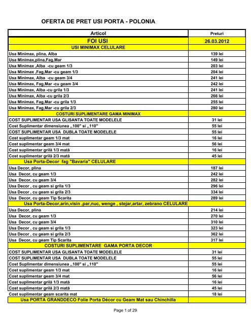 OFERTA DE PRET USI PORTA - POLONIA FOI USI - Usi Porta Doors