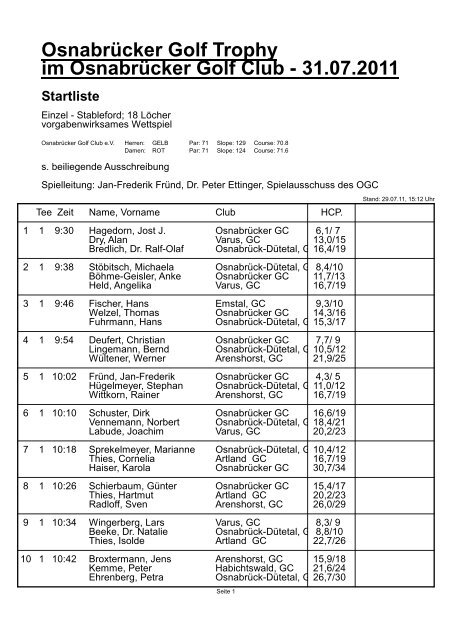 31.07.2011 Startliste - Osnabrücker Golf Club eV