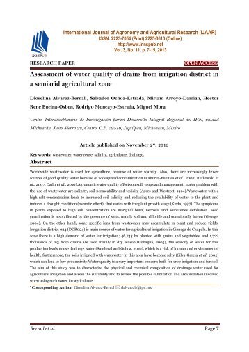 Assessment of water quality of drains from irrigation district in a semiarid agricultural zone