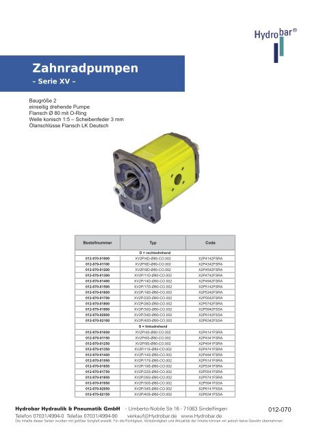 Zahnradpumpen - Hydrobar Hydraulik & Pneumatik GmbH