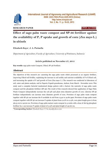 Effect of sago palm waste compost and SP-36 fertilizer against the availability of P, P uptake and growth of corn (Zea mays L.) in ultisols