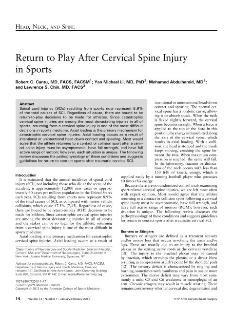 Return to Play After Cervical Spine Injury in Sports