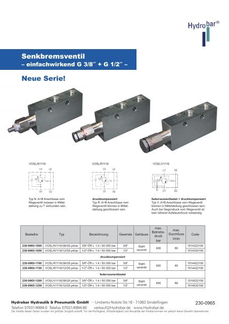 Senkbremsventil Neue Serie! - Hydrobar Hydraulik & Pneumatik ...