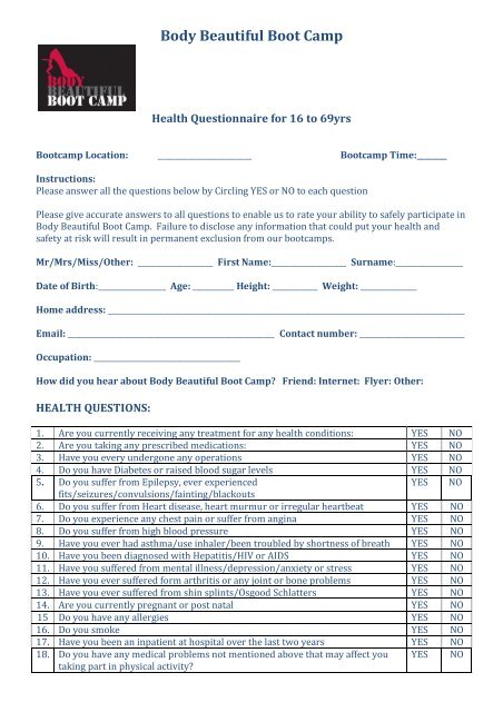 Body Beautiful Boot Camp Health Questionnaire