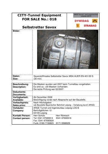 CITY-Tunnel Equipment FOR SALE No.: 018 Selbstretter Savox