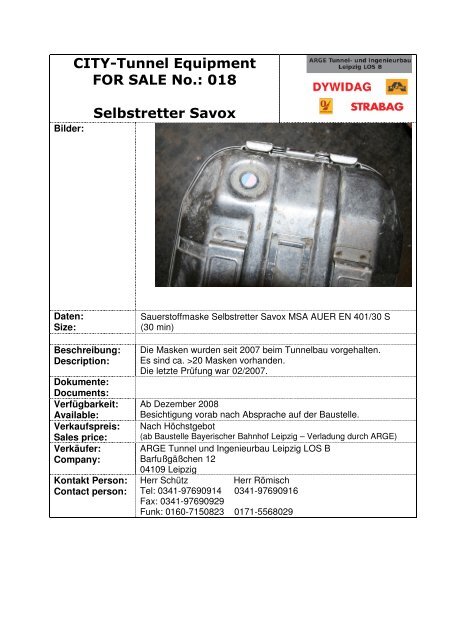 CITY-Tunnel Equipment FOR SALE No.: 018 Selbstretter Savox