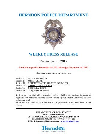 Weekly Police Report December 17, 2012 - Town of Herndon