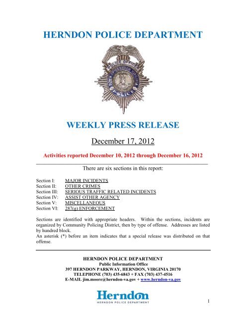 Weekly Police Report December 17, 2012 - Town of Herndon