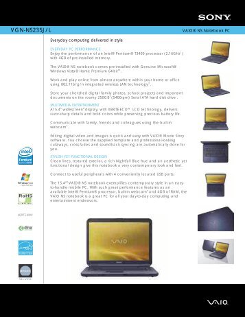 Sony VGN-NS235J - Marketing Specifications (Nightfall Blue)