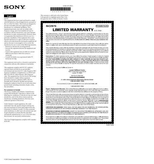 Sony SRS-BTD70 - NOTE