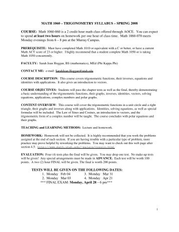 MATH 1060 â TRIGONOMETRY SYLLABUS â SPRING 2008 ...