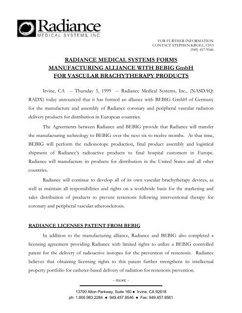 RADIANCE MEDICAL SYSTEMS FORMS ... - Endologix