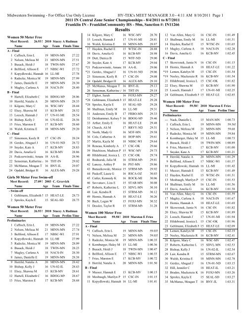 Pool Results - Central Zone