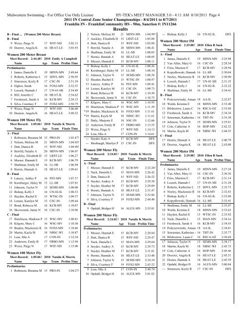 Pool Results - Central Zone