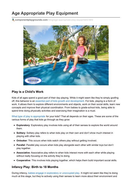 Age Appropriate Play Equipment- Component Playgrounds