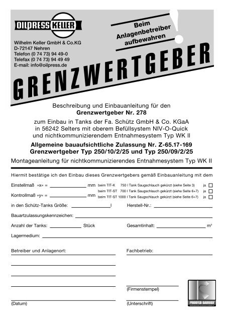 Grenzwertgeber Typ 250/10/2/25 und Typ 250/09/2/25 - oilpress.de