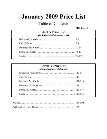 January 2009 Price List - Smalling Family Autographs