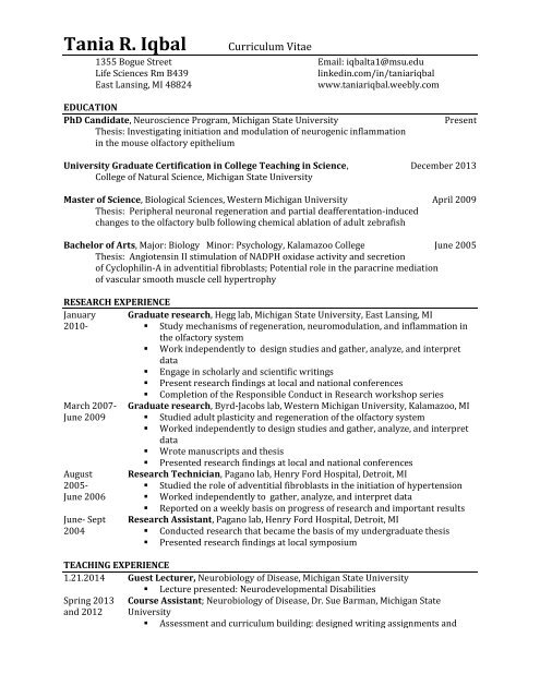 Curriculum Vitae - Neuroscience Program - Michigan State University