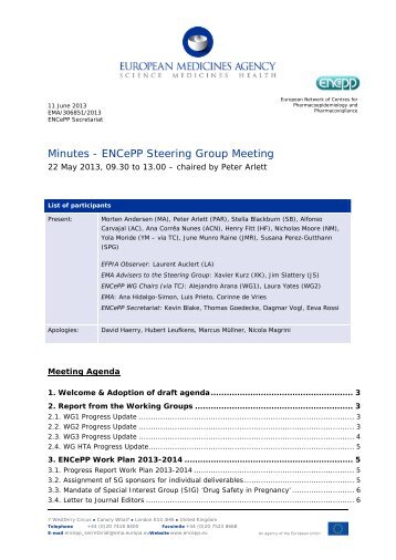 Minutes of the ENCePP Steering Group Meeting, 22 May 2013