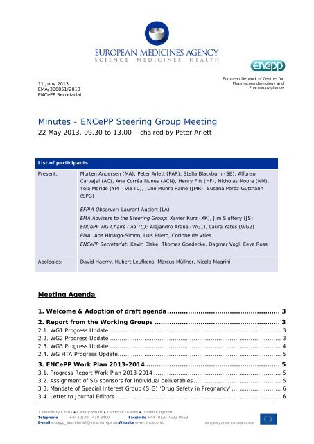 Minutes of the ENCePP Steering Group Meeting, 22 May 2013