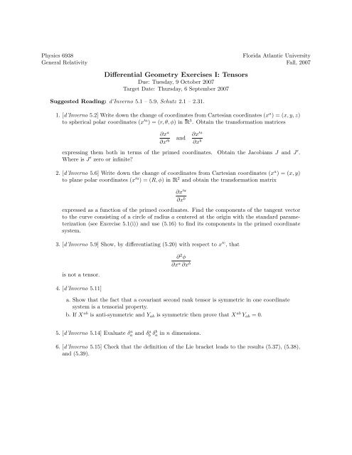 Differential Geometry Exercises I: Tensors - Fau.edu
