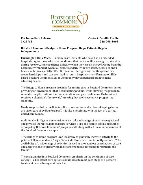 Botsford Commons Bridge to Home Program Helps Patients Regain ...