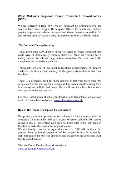 Transplant coordinators - Birmingham Children's Hospital