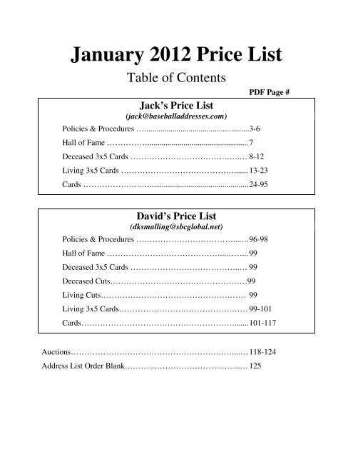 January 2012 Price List - Smalling Family Autographs